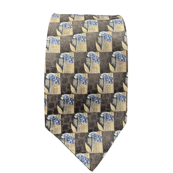 Ermenegildo Zegna Silk Tie Floral Checkered Pattern‎ Blue Gray Luxury  Z-102 - Picture 1 of 5